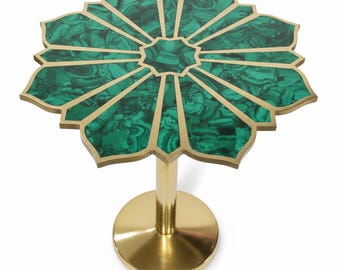 Malachite Stone Side Table with Brass Inlay for  Décor