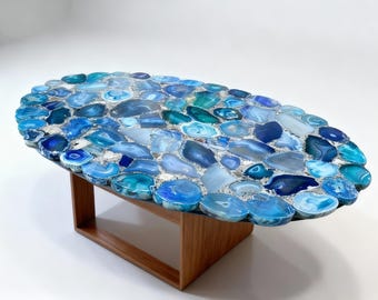 Tablero de mesa de piedra de ágata azul hecho a mano: mesa de centro con incrustaciones de lujo