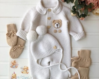 Ensemble et costume 4 pièces pour nouveau-né ours en peluche, robe de remise de diplôme pour nouveau-né, vêtements pour bébé unisexe, cadeaux pour bébé, cadeau de retour à l'hôpital