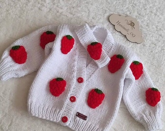 Handknitted Chunky Cardigan With 3D Fluffy Strawberry For Little Girl, Personalized Handmade Toddler Strawberry Cardigan, Kids Outfits