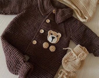 Hand-Knitted Organic Cotton Teddy Bear Romper Set: Newborn Outfit