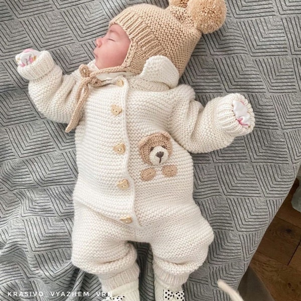 Traje y conjunto de recién nacido de oso de peluche de 4 piezas, regalo de bebé, vestido de graduación de bebé recién nacido, ropa de bebé unisex, regalo de bebé recién nacido, regalo de hospital de regreso a casa