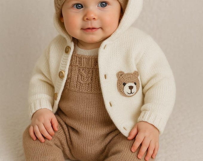 Hand-Knitted Organic Cotton Teddy Bear Romper Set: Newborn Outfit