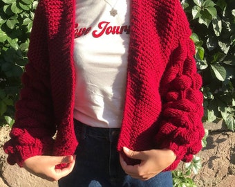 Hand-Knitted Raspberry Cardigan: Chunky Boho Knit Sweater