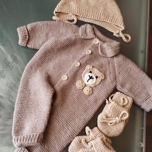 2 piece Teddy Bear Rompers Set, Knitted Newborn Clothes, Coming Home Baby Clothes, Knitted Baby Clothes, Coming Home Hospital Gift