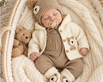 May include: A sleeping infant wearing a tan knit bear-themed hat with pom-poms, a cream-colored hooded cardigan with wooden buttons, and tan knit overalls. The outfit includes matching bear-faced booties and a beige pacifier, accompanied by a small brown plush bear.