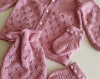 Hand Knitted Organic Cotton Baby Set: Jacket, Hat & Booties