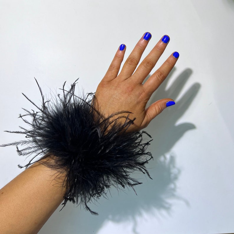 Premium Feather Cuffs Pair Midnight Black Handcrafted Elegant Wrist Bracelet Hen Costume Accessory Date Night Glam Party Midnight Black