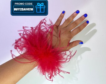 Premium Feather Cuffs Pair - Rose Red | Handcrafted Elegant Wrist Bracelet | Accessory for Special Occasions Date Night | Glam Party