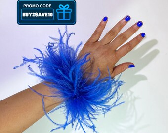 Premium Feather Cuffs Pair - Egyptian Blue | Handcrafted Elegant Wrist Bracelet | Hen Costume Accessory Date Night | Glam Party