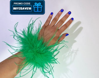 Premium Feather Cuffs Pair - Shamrock Green | Handcrafted Elegant Wrist Bracelet | Hen Costume Accessory Date Night | Glam Party