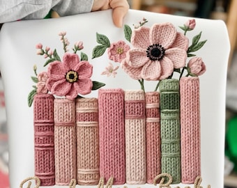Read more Books png, Crochet Faux Yarn Png, Floral Bookish Knitted Shirt png, Retro Floral Book Sublimation, Cute Spring Coffee Reading png