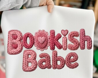Bookish babe Faux Yarn Crochet Png, Floral Bookish Knitted Shirt png, Retro Floral Book Lover Sublimation, Cute Spring Coffee Reading Png