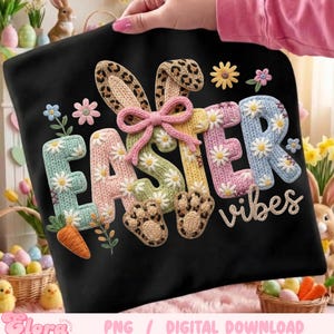 Easter Vibes Faux Yarn Crochet Png, Floral Spring Knitted Shirt, Retro Leopard Bunny Sublimation, Boho Cottagecore png, Pastel Easter Gift