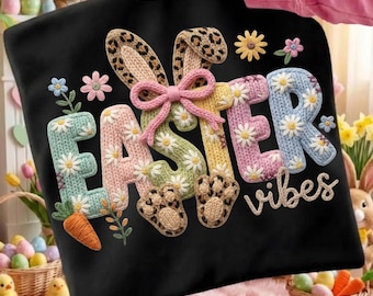 Easter Vibes Faux Yarn Crochet Png, Floral Spring Knitted Shirt, Retro Leopard Bunny Sublimation, Boho Cottagecore png, Pastel Easter Gift