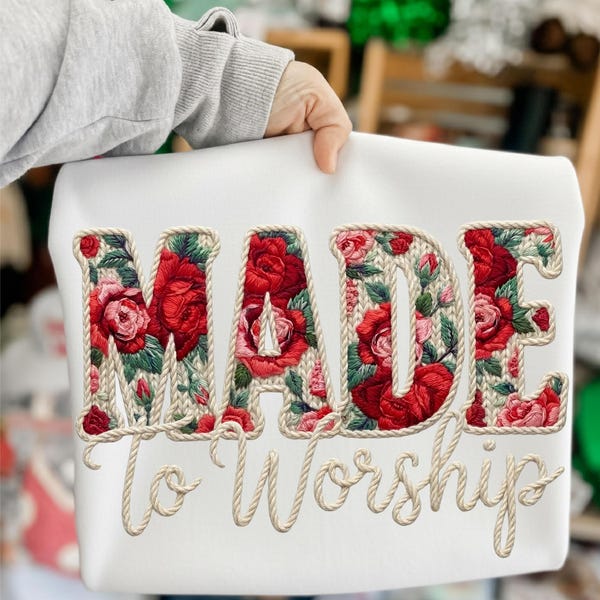 Made to Worship Faux Yarn Crochet Png, Floral Christian Knitted Shirt, Retro Floral Religious Sublimation, Boho Cottagecore Digital download