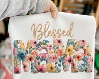 Blessed Mama Faux Yarn Crochet Png, Floral Mom Knitted Shirt png, Retro Floral Mother's Day Sublimation, Boho Cottagecore Digital download