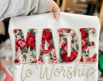 Made to Worship Faux Yarn Crochet Png, Floral Christian Knitted Shirt, Retro Floral Religious Sublimation, Boho Cottagecore Digital download