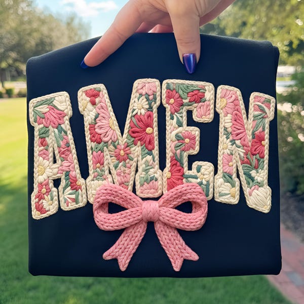 Coquette Amen Faux Yarn Crochet Png, Floral Christian Knitted Shirt, Retro Floral Religious Sublimation, Boho Cottagecore Digital download