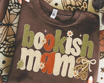 Bookish Mama Faux Yarn Crochet Png, Coquette Book lover Knitted Shirt png, Retro Floral Book Sublimation, Cute Autumn Coffee Reading Png
