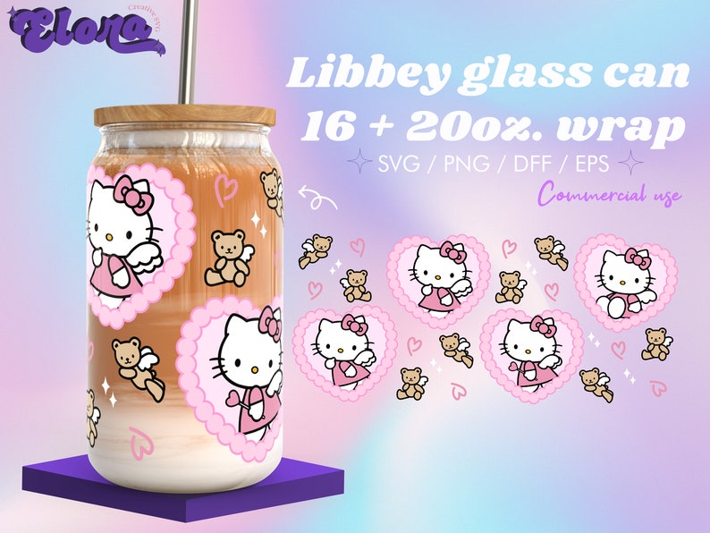 Kawaii Angel Kitty Bear Heart Libbey 16 20oz Glass Can Bundle SVG, Pink ...