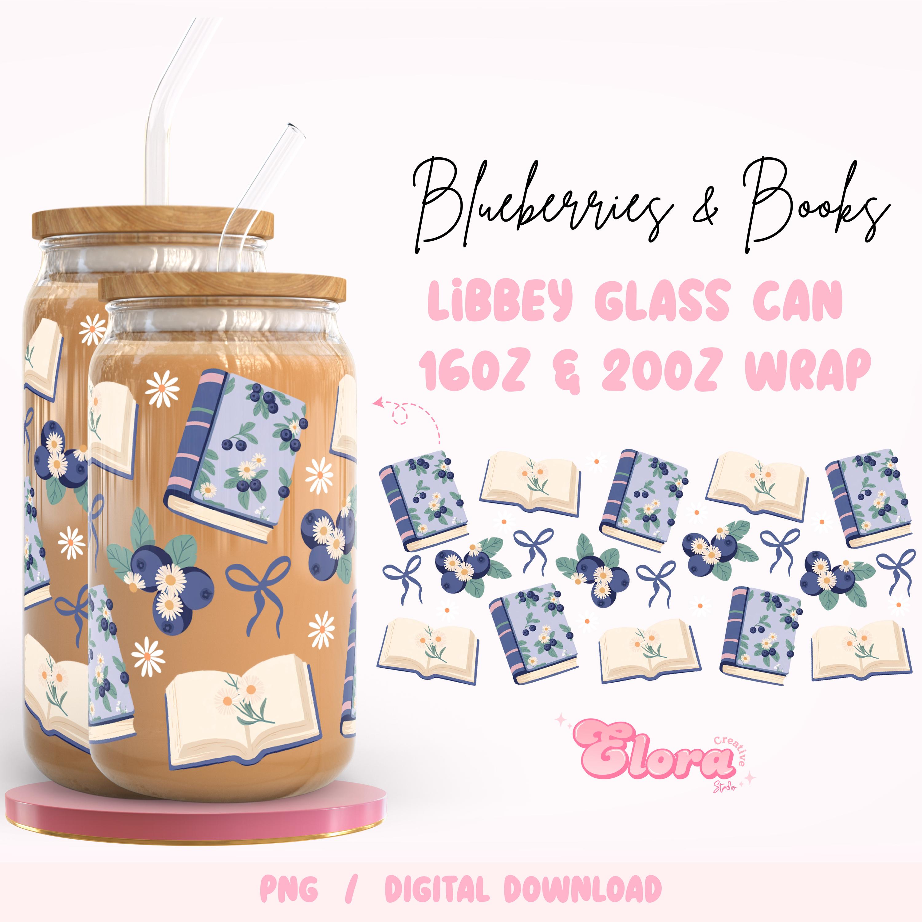 Blueberry Bookish Glass Can Wrap, 16oz & 20oz Coquette Summer Fruit Libbey Cup wrap, Floral Books Reading PNG file, Girly UV DTF Sublimation