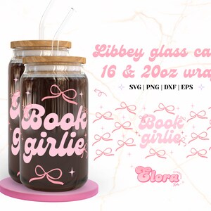 Bokflickans svg-omslagspaket för Libbey 16oz och 20oz burk i glas, söt rolig trendig boklig Libbey svg, flickigt Libbey glasburkomslag, bokälskare