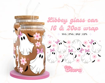 Halloween Cute Floral Coquette Ghost Glass can 16oz | 20oz wrap SVG, Halloween Coquette Glass cup Svg, Fall Glass Can, Spooky Tumbler PNG