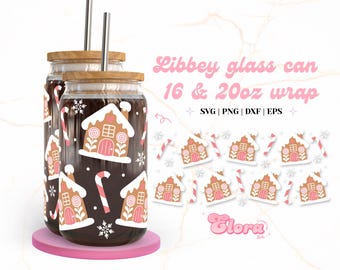 Pink Christmas Gingerbread House Glass can 16oz | 20oz wrap SVG, Christmas cup wrap, Winter Holiday SVG, Candy Snow Season Tumbler wrap PNG