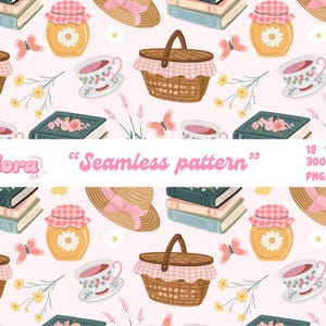 May include: A seamless pattern featuring picnic baskets, books, honey jars, teacups, butterflies, and straw hats with pink bows. The text "Seamless pattern" is displayed in pink. The image is 12 x 12 inches at 300 DPI.
