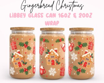 May include: Three Libbey glass cans with wooden lids, each wrapped with a gingerbread Christmas design. The design includes gingerbread houses, snowflakes, gift boxes, holly, and mugs. The text "Gingerbread Christmas" and "LIBBEY GLASS CAN 16OZ & 20OZ WRAP" are visible.