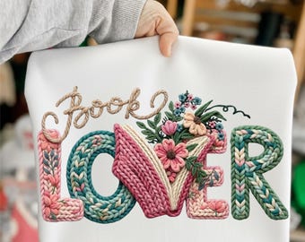 Book Lover Faux Yarn Crochet Png, Floral Bookish Knitted Shirt png, Retro Floral Book Sublimation, Cute Spring Coffee Reading Png