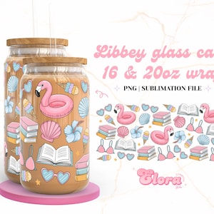 May include: Two glass can-shaped tumblers with wooden lids, featuring a pink flamingo floatie, books, ice cream cones, and seashells. The text "Libbey glass can 16 & 20oz wrap" is displayed in pink. The design is a PNG sublimation file.