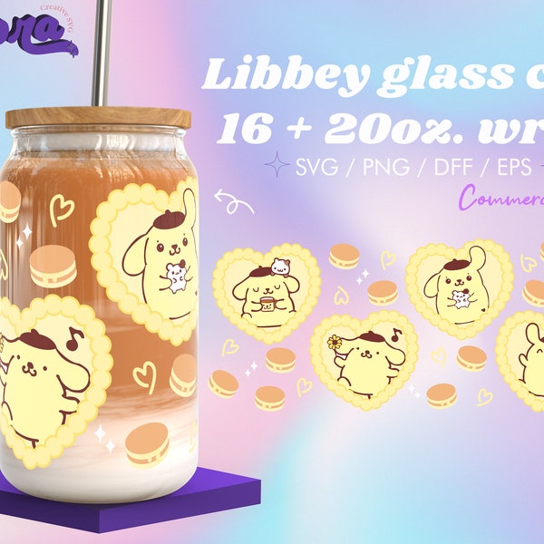 Kawaii Yellow Pompom Kitty Heart Libbey 16 + 20oz Glass Can Bundle SVG, Kawaii Cat Tumbler Wrap Png, Cute Cat and friends, Instant Download