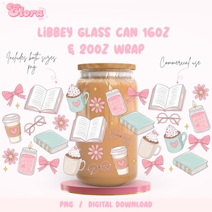 Artículos esenciales de lectura Libbey, lata de vidrio de 16 oz y 20 oz, taza de café y velas Coquette Books, regalo para amantes de los libros, envoltorio para amantes de los libros, descarga digital