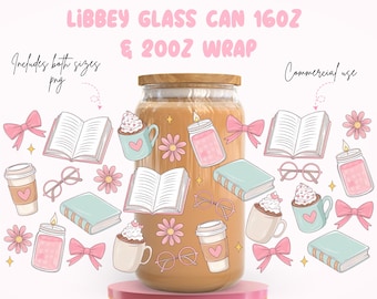 Reading Essentials Libbey 16oz & 20oz Glass Can, Coquette Books Coffee And Candles Cup, Book Lover Gift, Bookish Girl Wrap, Digital Download