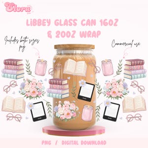 Floral Vintage bookish Libbey 16oz & 20oz Glass Can PNG, Floral Books And Candles Cup, Book Lover Gift, Bookish Girl Wrap, Digital Download image 1