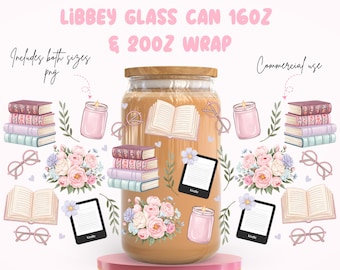 Floral Vintage bookish Libbey 16oz & 20oz Glass Can PNG, Floral Books And Candles Cup, Book Lover Gift, Bookish Girl Wrap, Digital Download