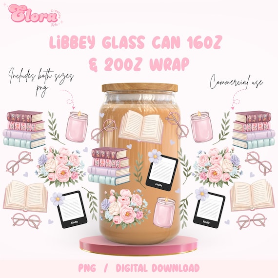 Floral Vintage bookish Libbey 16oz & 20oz Glass Can PNG, Floral Books And Candles Cup, Book Lover Gift, Bookish Girl Wrap, Digital Download
