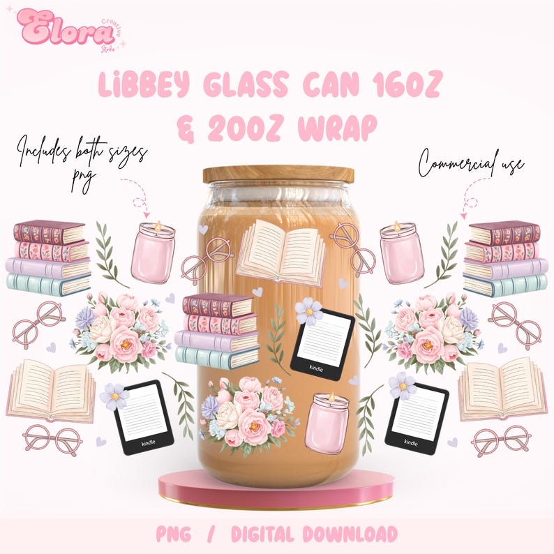 Floral Vintage bookish Libbey 16oz & 20oz Glass Can PNG, Floral Books And Candles Cup, Book Lover Gift, Bookish Girl Wrap, Digital Download image 1
