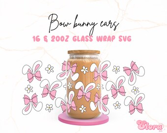 Orejas de conejo con lazo femenino Libbey, lata de vidrio de 16 oz y 20 oz, envoltura de taza de conejito de Pascua con coquetería floral, feliz Pascua Svg, primavera Svg PNG, descarga digital