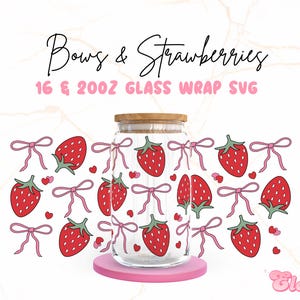 Bows and Strawberries svg, Valentines Day Libbey 16oz & 20oz Can Glass, Love hearts svg, Valentine Coquette Strawberry svg, Digital Download