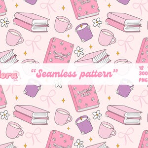 Bookish girlie essentials Seamless Pattern PNG, Reading 20oz tumbler wrap, Book lover Digital Papers, Girly Repeat Pattern, Digital Download