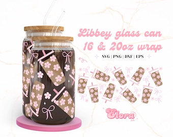Coquette Coffee Tumbler Svg, Glass Wrap Bundle For Libbey 16oz & 20oz Can, Pink Girly Drinks Cup Wrap, Trendy Bows Svg, Floral Coquette Png