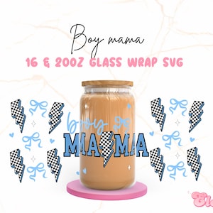 Coquette Boy mama Libbey 16 oz et 20 oz canette en verre Svg, emballage de tasse pour la fête des mères, boîte de conserve éclair damier rétro Svg, Coquette maman PNG, numérique