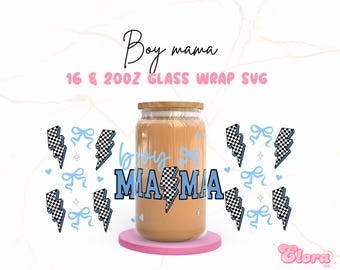 Coquette Boy mama Libbey 16oz & 20oz Can Glass Svg, Mother&#39;s day Cup Wrap, Retro Checkered lightning bolt can Svg, Coquette mom PNG, Digital