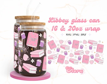本の必需品 Libbey 16 オンス & 20 オンス 缶ガラス、本、コーヒー、キャンドル カップ ラップ、本好き SVG、ガーリー コケット 缶 SVG、デジタル ダウンロード