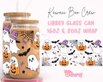 Kawaii Halloween ghost Libbey glass can wrap SVG, Spooky crew 16oz & 20oz Cup Wrap, Cute Witchy Iced Coffee Tumbler PNG, Digital download