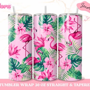 Tropical Flamingo 20 Oz Skinny Seamless Tumbler, Floral Tumbler Wrap, Tumbler Sublimation Design, Tropical leaves Tumbler, Summer Hawaii PNG