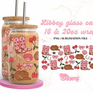 Coastal cowgirl Libbey 16oz & 20oz Glass Can, Western Summer Coastal Cup, Pink cowgirl boots cherries Bows and shells Wrap, Digital download